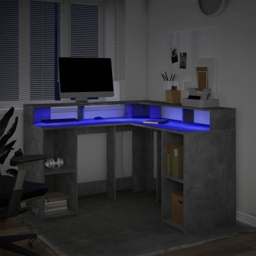 vidaXL Γραφείο με LED Γκρι Σκυρόδεματος 130x130x91cm Επεξεργ. Ξύλο 1 τεμ.