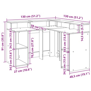 vidaXL Γραφείο με LED Γκρι Sonoma 130x130x91cm Επεξεργ. Ξύλο 1 τεμ.