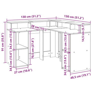 vidaXL Γραφείο με LED Αρτισιανή Δρυς 130x130x91cm Επεξεργ. Ξύλο 1 τεμ.