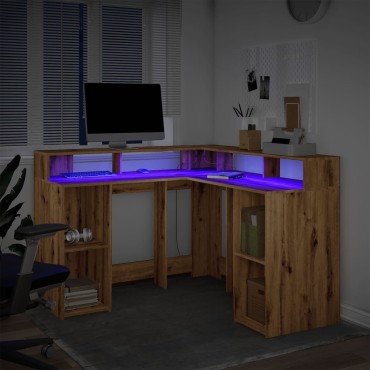 vidaXL Γραφείο με LED Αρτισιανή Δρυς 130x130x91cm Επεξεργ. Ξύλο 1 τεμ.