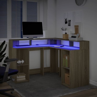 vidaXL Γραφείο με LED Sonoma δρυς 130x130x91cm Επεξεργ. Ξύλο 1 τεμ.