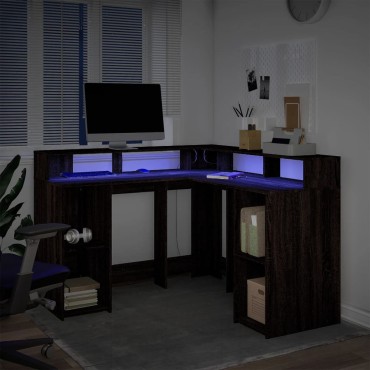 vidaXL Γραφείο με LED Καφέ δρυς 130x130x91cm Επεξεργ. Ξύλο 1 τεμ.