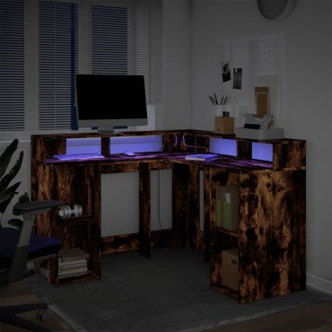 vidaXL Γραφείο με LED Καπνιστή δρυς 130x130x91cm Επεξεργ. Ξύλο 1 τεμ.