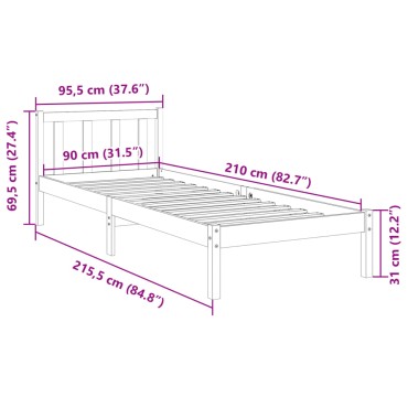 vidaXL Πλαίσιο Κρεβατιού Μακρύ Χωρίς Στρώμα 90x210 εκ Μασίφ Πεύκο