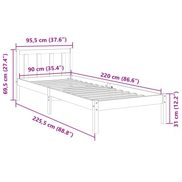 vidaXL Πλαίσιο Κρεβατιού Μακρύ Χωρίς Στρώμα 90x220 εκ Μασίφ Πεύκο