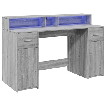 vidaXL Γραφείο με LED Γκρι Sonoma 140x55x91cm Επεξεργ. Ξύλο 1 τεμ.