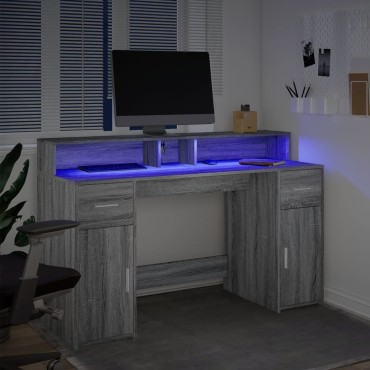 vidaXL Γραφείο με LED Γκρι Sonoma 140x55x91cm Επεξεργ. Ξύλο 1 τεμ.