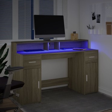 vidaXL Γραφείο με LED Sonoma δρυς 140x55x91cm Επεξεργ. Ξύλο 1 τεμ.