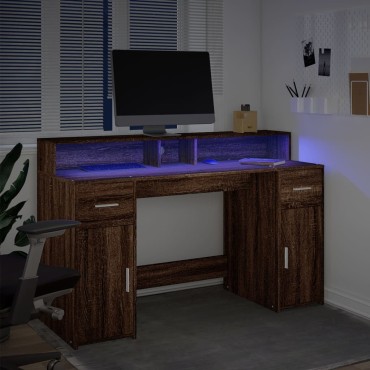 vidaXL Γραφείο με LED Καφέ δρυς 140x55x91cm Επεξεργ. Ξύλο 1 τεμ.