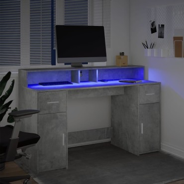 vidaXL Γραφείο με LED Γκρι Σκυρόδεματος 140x55x91cm Επεξεργ. Ξύλο 1 τεμ.