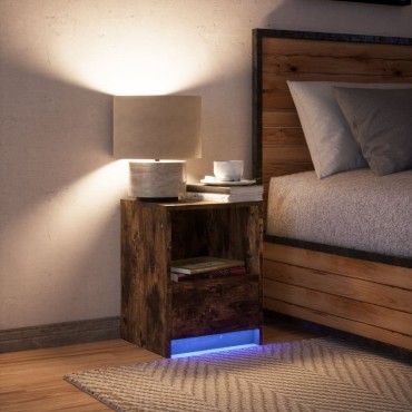 vidaXL Κομοδίνο με Φώτα LED Καπνιστή Δρυς Επεξεργασμένο Ξύλο 38x34x50cm 1 τεμ.