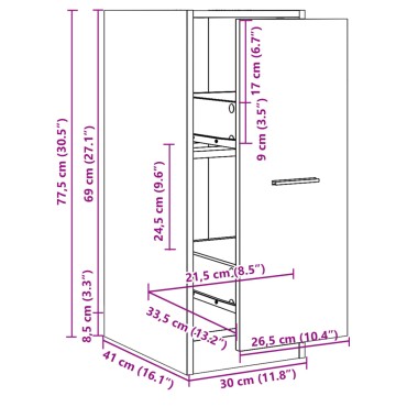 vidaXL Συρταριέρα Γενικής Χρήσης Sonoma Δρυς 30x41x77,5cm Επεξ. Ξύλο 1 τεμ.