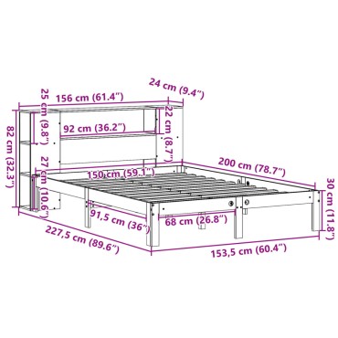 vidaXL Κρεβάτι Βιβλιοθήκη Χωρίς Στρώμα 150x200 εκ Μασίφ Ξύλο Πεύκου