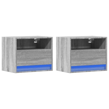 vidaXL Κομοδίνα Επιτοίχια με Φώτα LED 2 τεμ. Γκρι Sonoma 50x34x40cm