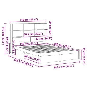 vidaXL Κρεβάτι Βιβλιοθήκη Χωρίς Στρώμα 140x200 εκ Μασίφ Ξύλο Πεύκο