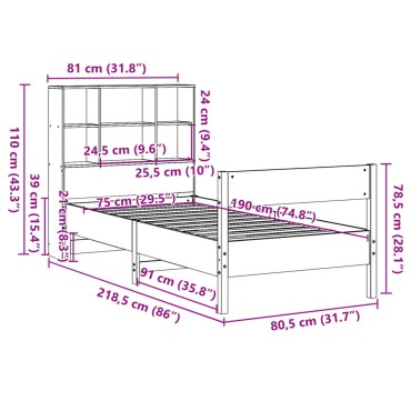 vidaXL Κρεβάτι Βιβλιοθήκη Χωρίς Στρώμα 75x190 εκ Μασίφ Ξύλο Πεύκου