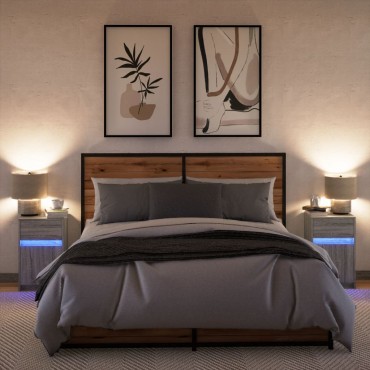 vidaXL Κομοδίνα με Φώτα LED 2 τεμ. Γκρι Sonoma από Επεξεργασμένο Ξύλο 38x34x61cm