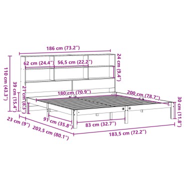 vidaXL Κρεβάτι Βιβλιοθήκη Χωρίς Στρώμα 180x200 εκ Μασίφ Ξύλο Πεύκου