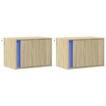 vidaXL Κομοδίνα Επιτοίχια με Φώτα LED 2 τεμ. Sonoma Δρυς 50x31x35cm