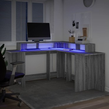 vidaXL Γραφείο με LED Γκρι Sonoma 152x152x91cm Επεξεργ. Ξύλο 1 τεμ.