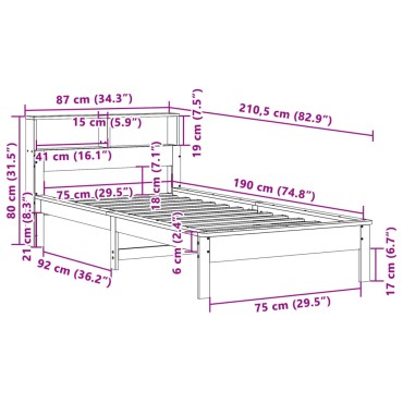 vidaXL Κρεβάτι Βιβλιοθήκη Χωρίς Στρώμα 75x190 εκ Μασίφ Ξύλο Πεύκου