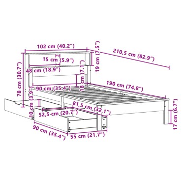 vidaXL Κρεβάτι Βιβλιοθήκη Χωρίς Στρώμα 90x190 εκ Μασίφ Ξύλο Πεύκου