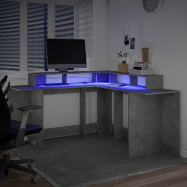 vidaXL Γραφείο με LED Γκρι Σκυρόδεματος 152x152x91cm Επεξεργ. Ξύλο 1 τεμ.