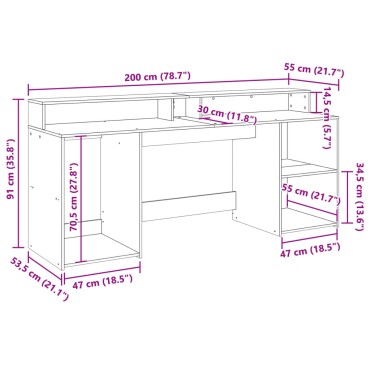 vidaXL Γραφείο με LED Αρτισιανή Δρυς 200x55x91cm Επεξεργασμένο Ξύλο 1 τεμ.