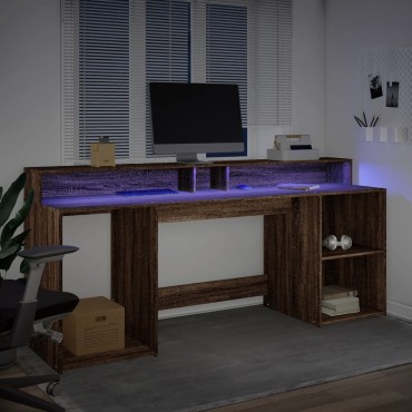 vidaXL Γραφείο με LED Καφέ δρυς 200x55x91cm Επεξεργ. Ξύλο 1 τεμ.