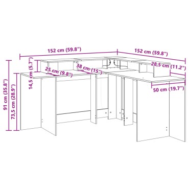 vidaXL Γραφείο με LED Καφέ δρυς 152x152x91cm Επεξεργ. Ξύλο 1 τεμ.