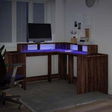 vidaXL Γραφείο με LED Καφέ δρυς 152x152x91cm Επεξεργ. Ξύλο 1 τεμ.