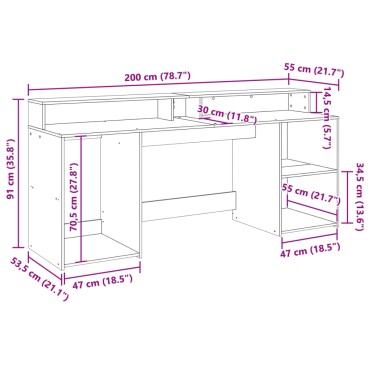 vidaXL Γραφείο με LED Γκρι Sonoma 200x55x91cm Επεξεργ. Ξύλο 1 τεμ.