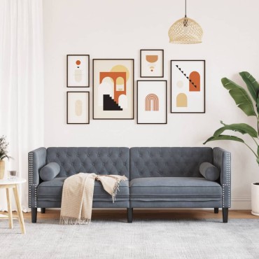 vidaXL Καναπές Τριθέσιος Chesterfield + Στηρίγματα Σκούρο Γκρι Βελούδο 194x74,5x70,5cm 1 τεμ.