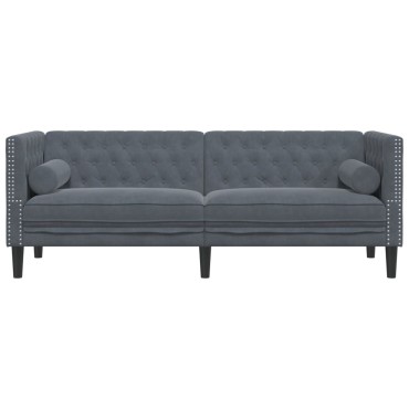 vidaXL Καναπές Τριθέσιος Chesterfield + Στηρίγματα Σκούρο Γκρι Βελούδο 194x74,5x70,5cm 1 τεμ.