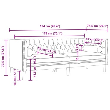 vidaXL Καναπές Τριθέσιος Chesterfield + Στηρίγματα Σκούρο Γκρι Βελούδο 194x74,5x70,5cm 1 τεμ.