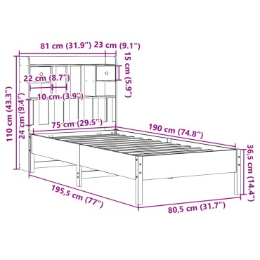 vidaXL Κρεβάτι Βιβλιοθήκη Χωρίς Στρώμα Λευκό 75x190 εκ Μασίφ Πεύκο