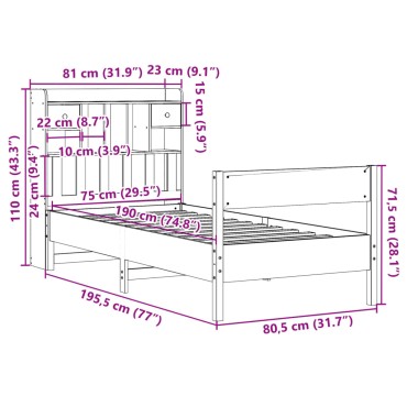 vidaXL Κρεβάτι Βιβλιοθήκη Χωρίς Στρώμα Λευκό 75x190 εκ Μασίφ Πεύκο