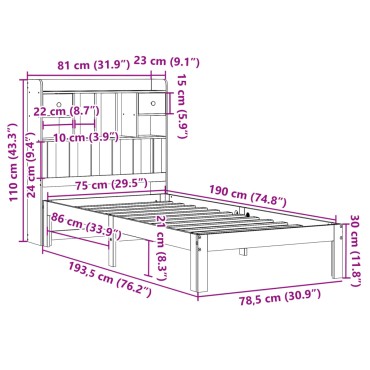vidaXL Κρεβάτι Βιβλιοθήκη Χωρίς Στρώμα Λευκό 75x190 εκ Μασίφ Πεύκο