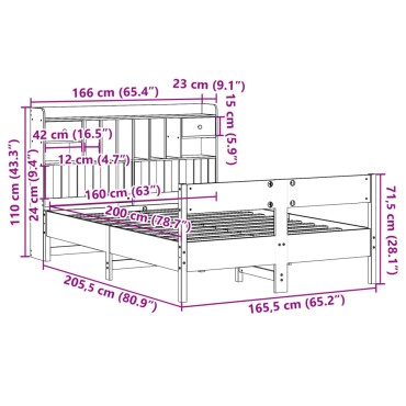 vidaXL Κρεβάτι Βιβλιοθήκη Χωρίς Στρώμα 160x200 εκ Μασίφ Ξύλο Πεύκου