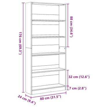 vidaXL Βιβλιοθήκη Αρτισιανή Δρυς 80x24x176cm από Επεξεργασμένο Ξύλο 1 τεμ.