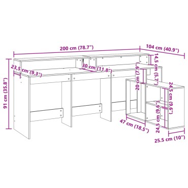 vidaXL Γραφείο με LED Καπνιστή δρυς 200x104x91cm Επεξεργ. Ξύλο 1 τεμ.