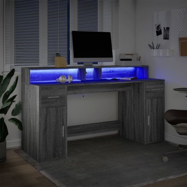 vidaXL Γραφείο με LED Γκρι Sonoma 160x55x91cm Επεξεργ. Ξύλο 1 τεμ.