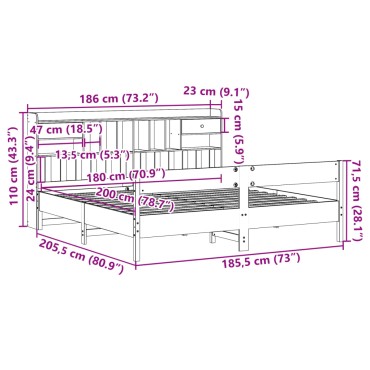 vidaXL Κρεβάτι Βιβλιοθήκη Χωρίς Στρώμα 180x200 εκ Μασίφ Ξύλο Πεύκου