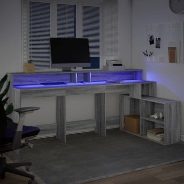 vidaXL Γραφείο με LED Γκρι Sonoma 200x104x91cm Επεξεργ. Ξύλο 1 τεμ.