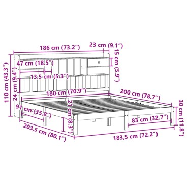 vidaXL Κρεβάτι Βιβλιοθήκη Χωρίς Στρώμα 180x200 εκ Μασίφ Ξύλο Πεύκου