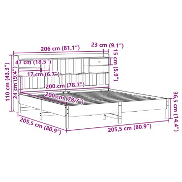 vidaXL Κρεβάτι Βιβλιοθήκη Χωρίς Στρώμα 200x200 εκ Μασίφ Ξύλο Πεύκου
