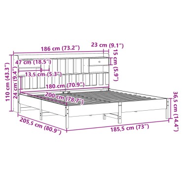 vidaXL Κρεβάτι Βιβλιοθήκη Χωρίς Στρώμα 180x200 εκ Μασίφ Ξύλο Πεύκου
