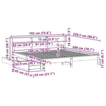 vidaXL Κρεβάτι Βιβλιοθήκη Χωρίς Στρώμα 180x200 εκ Μασίφ Ξύλο Πεύκου