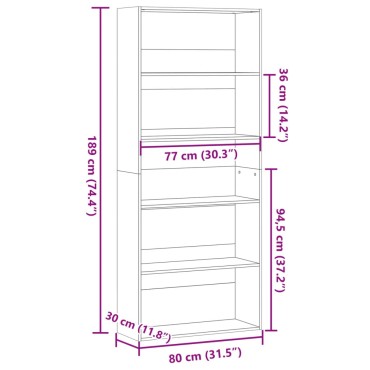 vidaXL Βιβλιοθήκη με 5 Ράφια Μαύρη 80x30x189cm Επεξεργασμένο Ξύλο 1 τεμ.