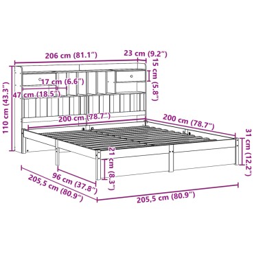 vidaXL Κρεβάτι Βιβλιοθήκη Χωρίς Στρώμα 200x200 εκ Μασίφ Ξύλο Πεύκου